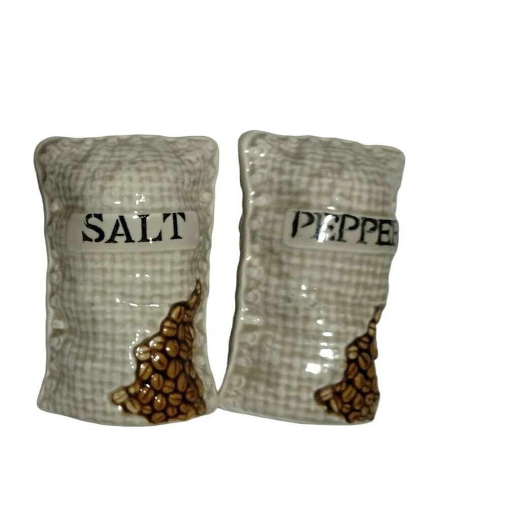 Vintage Ceramic Coffee‎ Beans Burlap Bags  Salt & Pepper Shakers by Norcrest